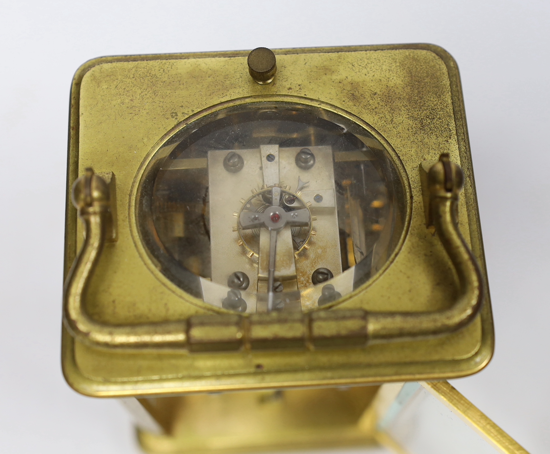 A late 19th century French brass repeating carriage clock, with alarm, 14.5cm high (handle down)